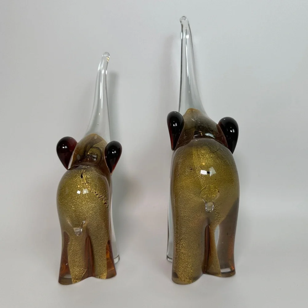 SIGNED Pair‎ of Vittorino Zane Murano Glass Elephants Gold Flecks Mama & Baby
